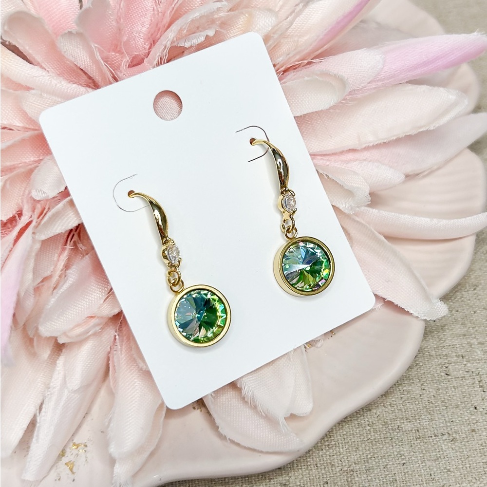 Elegant Green and Gold Drop Earrings, new handmade earrings, glass rhinestone